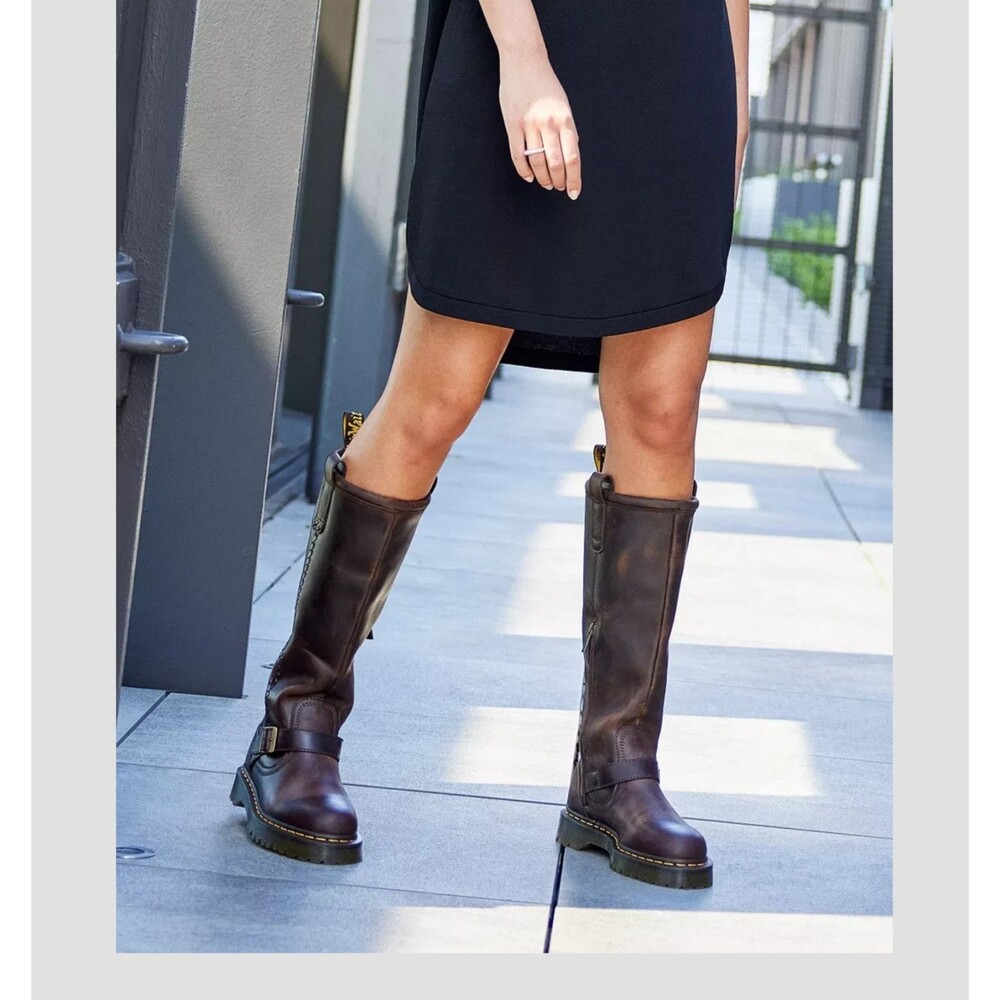 DR. MARTENS ANISTONE CRAZY HORSE BROWN KNEE HIGH LEATHER BIKER BOOTS $290 US 6 - Picture 6 of 11